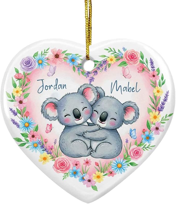 Personalized Koala Married Couple Xmas Ceramic Ornament, Koala with Flowers Heart Ornament Christmas, New Couple Keepsake Gift for Animal Lovers Couples, Custom Names Hugging Koalas Ornaments Xmas