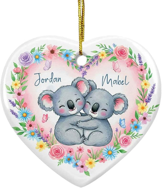 Personalized Koala Married Couple Xmas Ceramic Ornament, Koala with Flowers Heart Ornament Christmas, New Couple Keepsake Gift for Animal Lovers Couples, Custom Names Hugging Koalas Ornaments Xmas