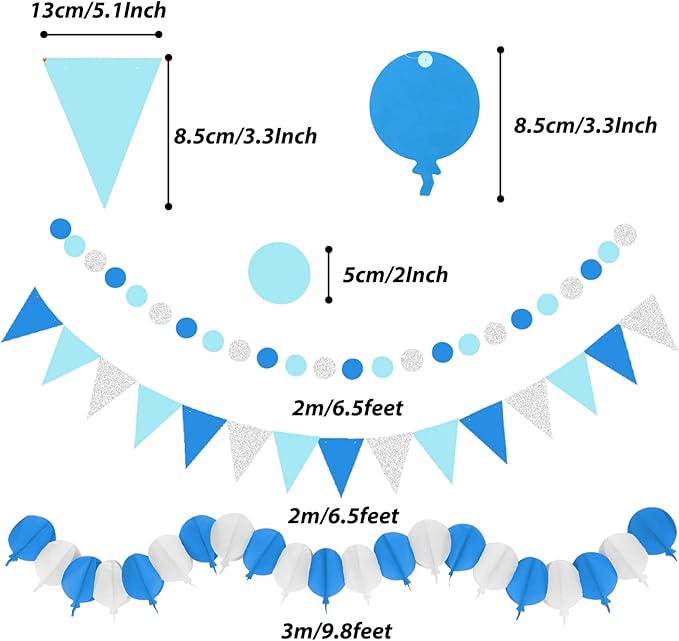 ZERODECO Party Decorations, 41 Pcs Blue Papar Fans Pompoms Garlands String Tissue Paper Tassel for Fiesta Home Bridal Baby Shower Wedding Boy Girl Birthday Party