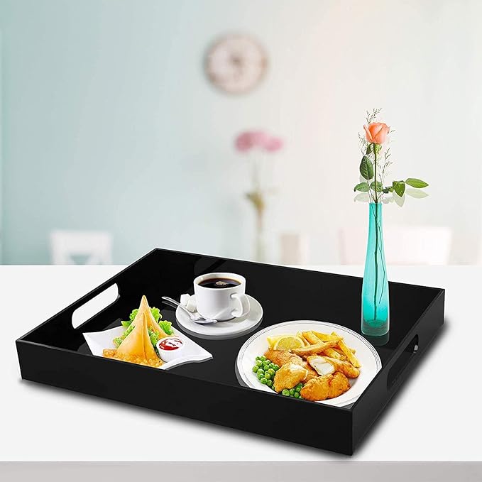 Durable Rectangular Breakfast Serving Tray - 5MM Thick Waterproof Acrylic Serving Platter with Handles for Coffee, Tea, Food - Elegant Decorative Tray (Black Tray-16''x12'')