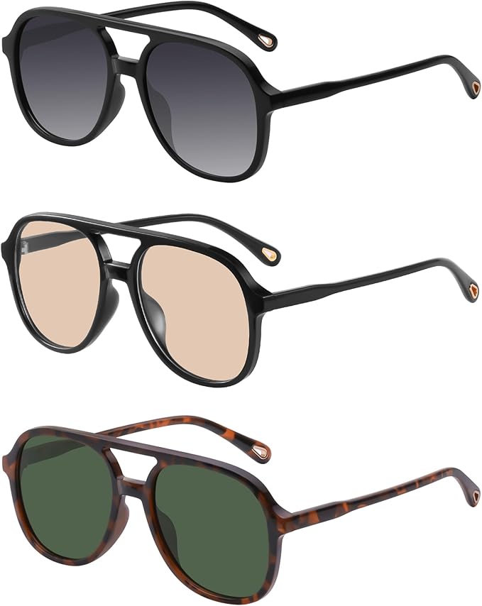 YDAOWKN Retro Square Aviator Sunglasses for Womens Mens Vintage 70s Double Bridge Sun Glasses