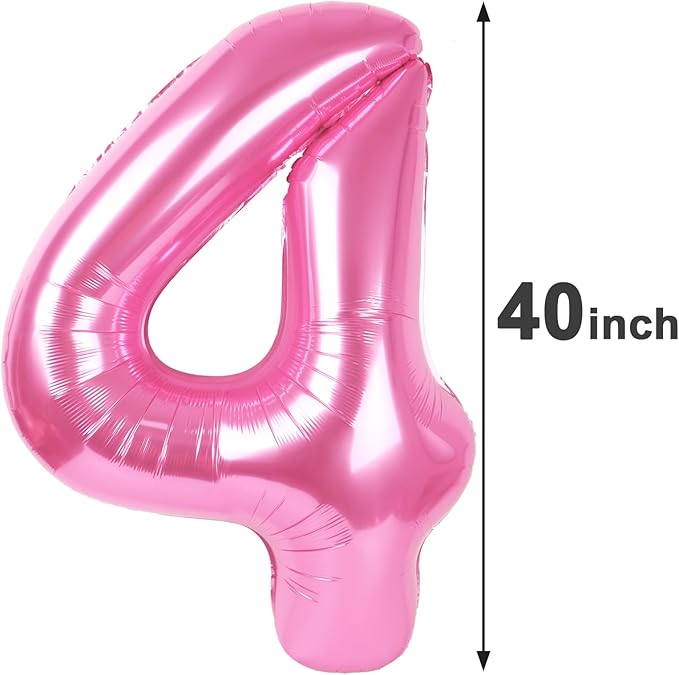 40 Inch Pink 4 Birthday Number Balloon, Giant Number Four 14 24 34 40 44 Balloons, Foil Mylar Big Balloons for Anniversary Graduation Supplies Decorations