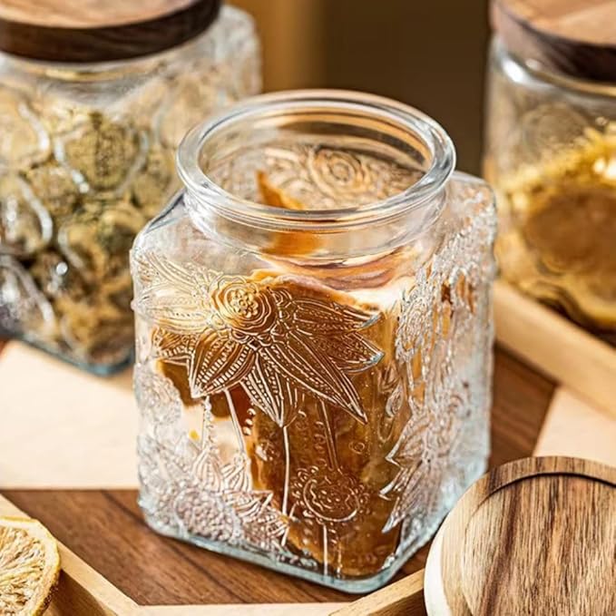ANSQU Square Glass Jar with Lid – 25.4 oz Vintage Style Glass Food Storage Container for Kitchen Pantry, Candy, Sugar, Coffee, Cookies, Clear Kitchen Jar for Organization & Decor (Square Sunflower)