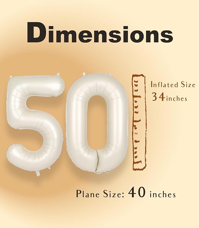 SUWEN 40 Inch Large Cream White 50 Balloon Numbers Big Foil Helium Number Balloons 0-9 Jumbo Happy 50th Mylar Birthday Party Decorations for Women or Men Anniversary Party Supplies