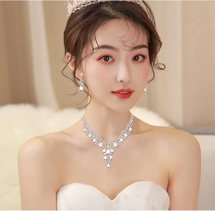 CSY Elegant Crystal Costume Jewelry Sets Flower Bridal Necklace Earrings Stretch Bangle Set for Bride Bridesmaid Wedding Dress Accessories