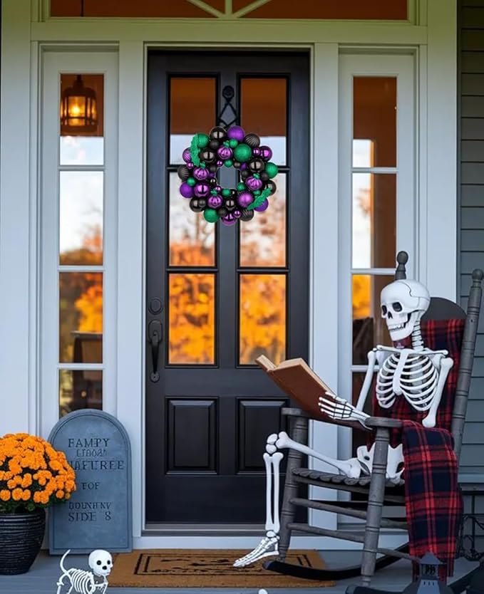 Halloween Wreath for Front Door, 13 inch Small Halloween Ball Wreath with Pumpkins Bats Shatterproof Front Door Wreaths Green/Purple/Black Ball Ornament for Wall Mantel Porch Indoor Outdoor Decor