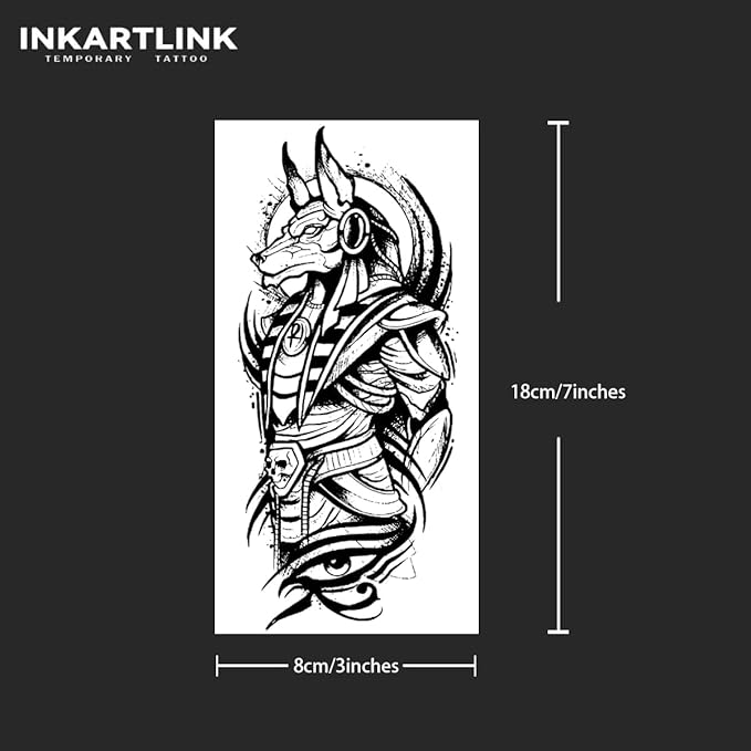 INKARTLINK Tattoo Tech, 2 Sheets Large Semi Permanent Tattoo, Adult Art Design Temporary Tattoos, Lasts 1-2 Weeks, Waterproof, Realistic Look, No Adhesive, No Reflection (Anubis Design)