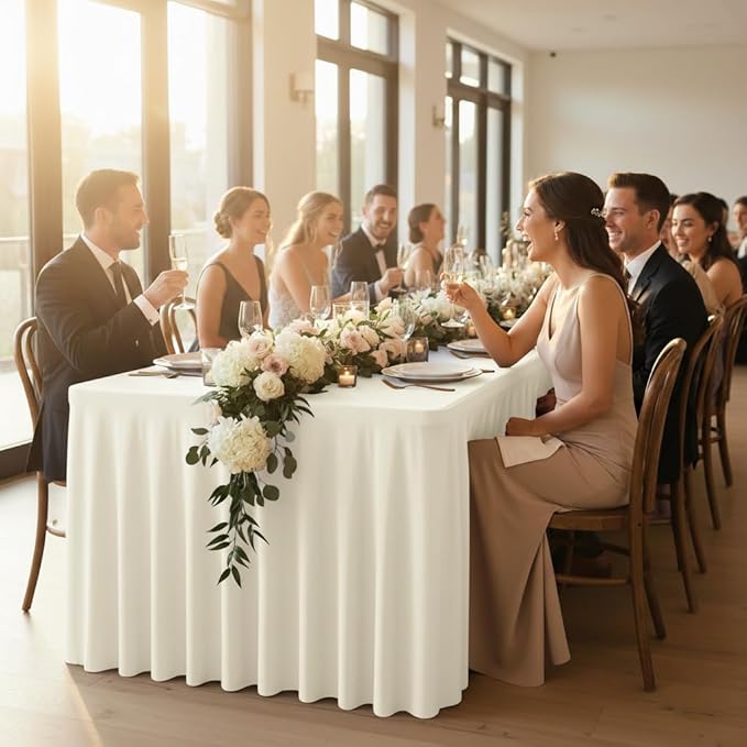 HolidayIdeas Spandex Table Skirts for Rectangle Tables 8 Ft, Fitted Stretch Table Cover 30x96 Inch, Wrinkle-Free Ruffle Design Tablecloths for Banquets,Trade Shows, Parties, Events, 4 Pack, Beige