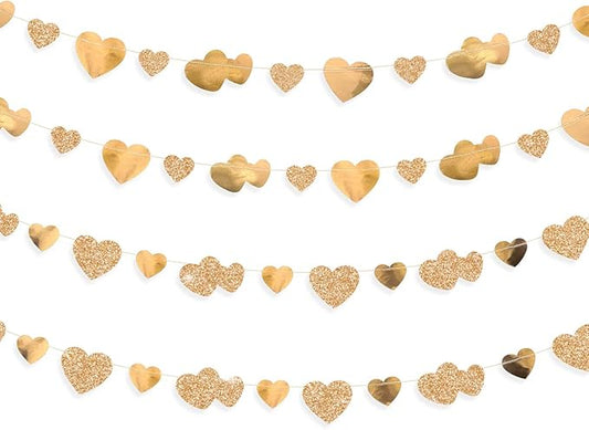 40Ft Champagne Gold Heart Banner Double Sided Paper Garland Heart Hanging Streamer for Wedding Birthday Anniversary Bachelorette Engagement Bridal Baby Shower Valentines Hen Christmas Party Decoration