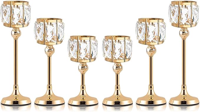 Crystal Tealight Candle Holders Set of 6 (9''/11''/13'') - Elegant Metal & Glass Centerpieces for Stunning Home Decor (Gold)