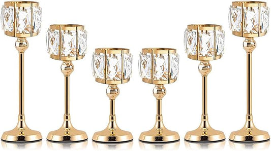 Crystal Tealight Candle Holders Set of 6 (9''/11''/13'') - Elegant Metal & Glass Centerpieces for Stunning Home Decor (Gold)