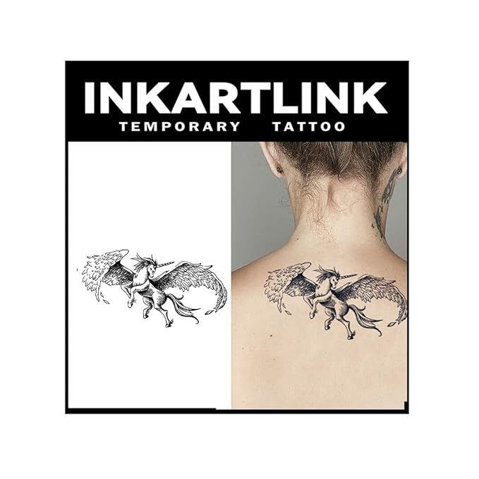 INKARTLINK Tattoo Tech,2 Sheets Extra-Large Semi Permanent Tattoo, Adult Art Design Temporary Tattoos, Lasts 1-2 Weeks, Waterproof, Realistic look, No Adhesive, No reflection (Angel Horse Design?