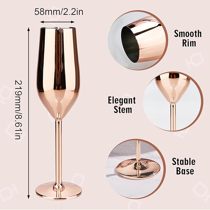TJ Unbreakable 8 Oz Stainless Steel Champagne Flutes (2 Pack)- Rose Champagne Glasses - Reusable Indoor Outdoor Drinkware - Keeps Drink Cool for Longer - Gift Idea