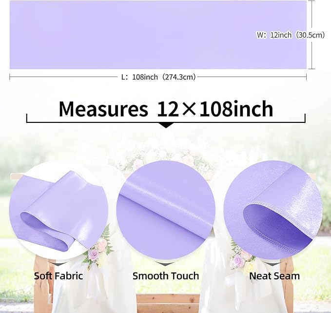 10 Pack Satin Table Runner Lavender 12 x 108 Inch Long,Satin Silk Table Runner for Wedding,Birthday Party and Banquet(Lavender,10 Pack)