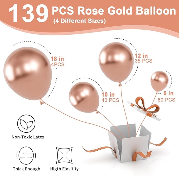 Labeol Rose Gold Balloons Different Sizes 139PCS 18/12/10/5 Inch Rose Gold Balloon Garland Arch Kit Quality Latex Balloons Decorations for Party Birthday Graduation Wedding