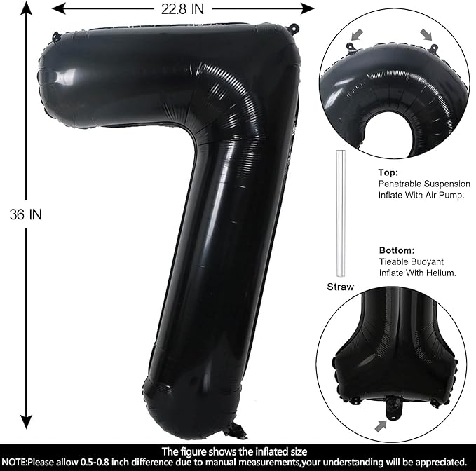40 Inch Black Number 7 Balloons Helium Giant Black 7 Balloons for Birthday Party Decorations Anniversary Baby Shower Photo Shoot Supplies