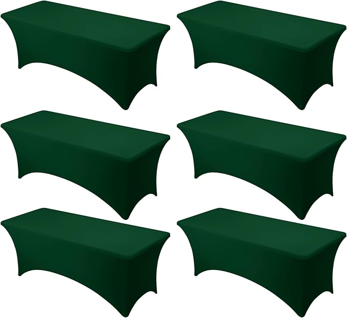 6-Pack Premium Hunter Green Spandex Tablecloths for 8ft Rectangle Tables, Stain & Wrinkle-Resistant, Washable Stretch Polyester Fitted Table Cover for Weddings, Banquets, Trade Shows Events
