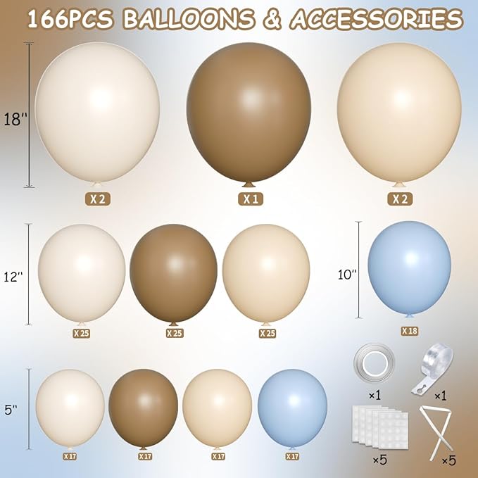 Dusty Blue Brown White Balloon Arch Kit, 166Pcs Boho Dark Brown Pastel Blue Sand White and Nude Balloons Garland for Baby Shower Gender Reveal Birthday Party Decoration