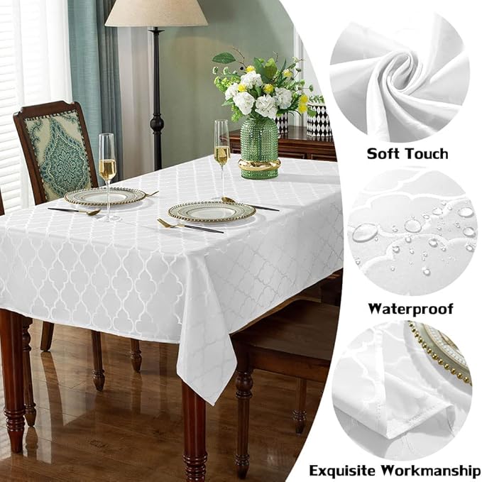 SASTYBALE Jacquard Tablecloth Rectangle Damask Pattern Table Cloth Spillproof Wrinkle Resistant Polyester Table Cover for Indoor and Outdoor Use (Rectangle/Oblong, 60" x 102" (8-10 Seats), White)