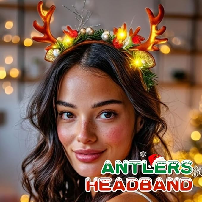 JONKY Christmas Headband Light up Reindeer Antlers Headpiece Xmas Party Costume Hair Accessories for Women