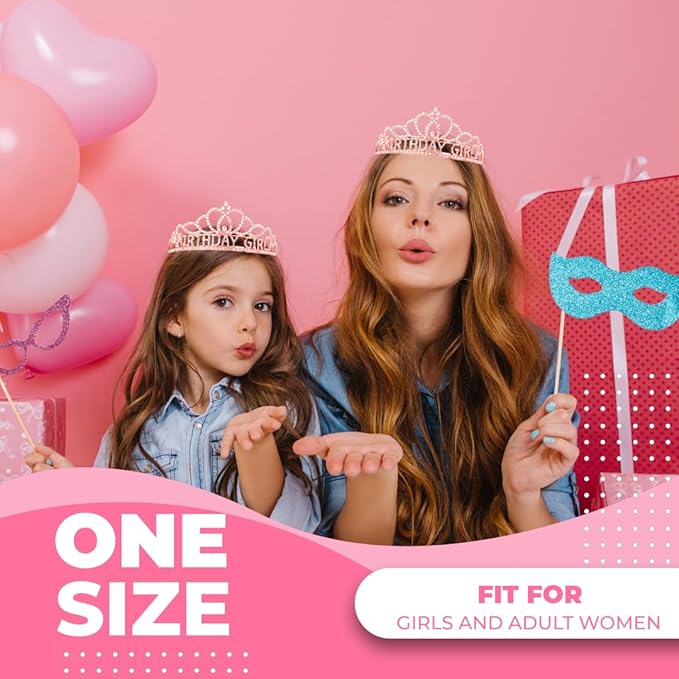 Birthday Tiara and Crown with Sash for Women, Hair Accessories for Wedding Party Costume (A1 - Rose)