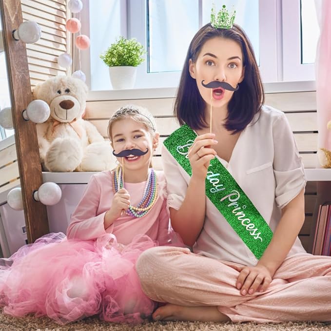 AOPRIE Birthday Princess Sash for Women Tiara & Crowns Headbands for Girls Happy Birthday Party Accessories Favor Supllies Leona Silver Pink Green, 2 Pack