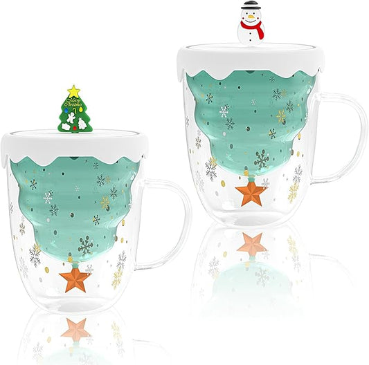 2 Pack of Christmas Mugs with Lid, Double Walled Glass Coffee Mugs, 10 ounces(300ml) Cute Mug is Suitable for Christmas Gifts for Men, Women and Children