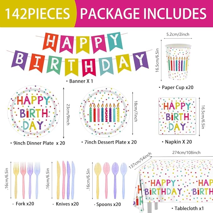 142pcs Happy Birthday Party Supplies Set with Colorful Polka Dots Design- Includes Disposable Paper Birthday Plates and Napkins, Cups, Tablecloth, and Banner，Dots Party Supplies Serves 20 Guests
