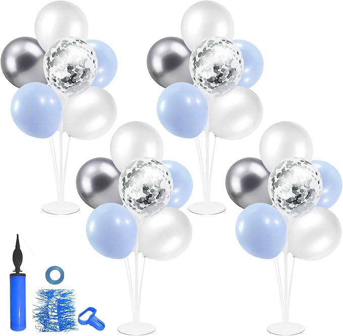Baby Blue and Silver Balloon Stand Centerpiece Table Decorations for Baby Shower Wedding Engagement Bridal Shower Anniversary Birthday Party Decorations(Baby blue silver set4)