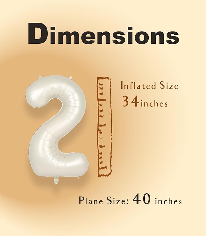 SUWEN 40 Inch Cream White Large 2 Number Balloons Big Foil Helium Number Balloons 0-9 Jumbo Happy 2nd Mylar Birthday Party Decorations for Boy or Girl Anniversary Party Supplies