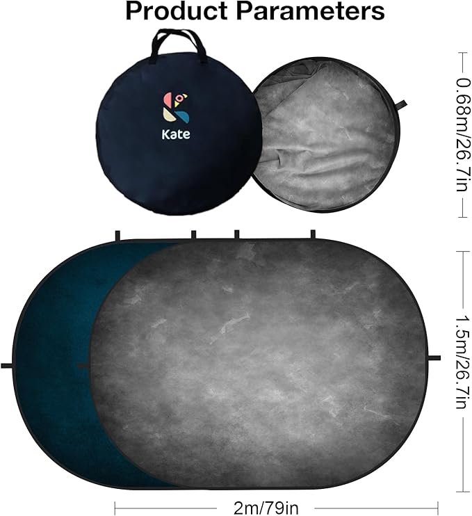 Kate Collapsible Backdrop Pop Up Photo Backdrops Grey Blue Portable for Headshot, for Portrait Photography, for Video, 5x6.5ft