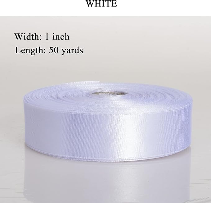 1 Inch White Solid Satin Ribbon, 50 Yards Craft Fabric Ribbon for Gift Wrapping Floral Bouquets Wedding Party Decoration