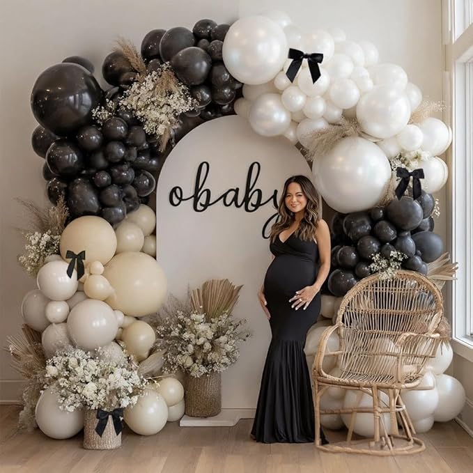 Black White Balloon Arch, Double Stuffed Pearl White Black Bow Balloon Garland Cream Ivory Sand Latex Balloons for Birthday Wedding Bridal Shower Engagement Halloween New Year Party Decorations