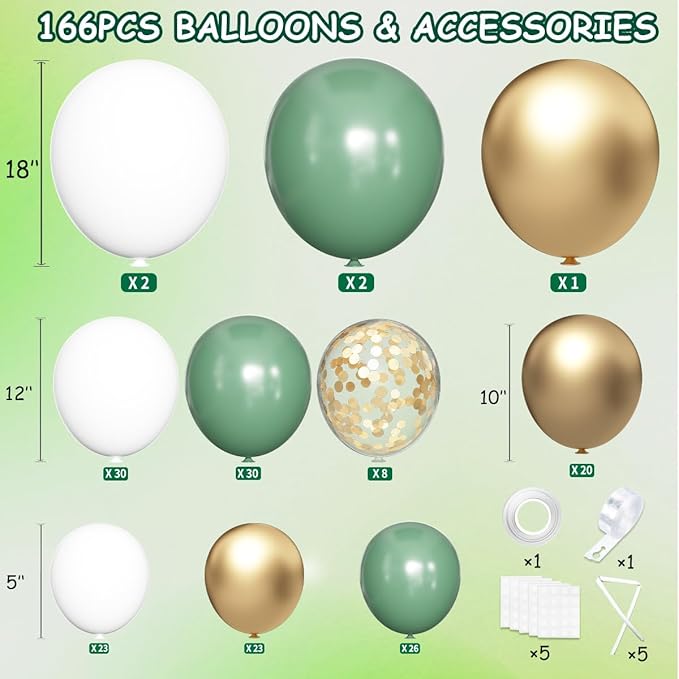Sage Green Balloon Arch Kit, 166Pcs Olive Green White Gold Balloons Garland for Baby Shower Birthday Wedding Jungle Safari Party Decoration