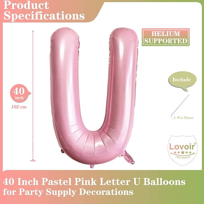 Pink Letter U Balloons, 40 Inch Pastel Pink Letter Balloons U Foil Mylar Helium Pink Letter Balloons for Birthday Party Supplies Anniversary Event Celebration Decorations Alphabet Pink U