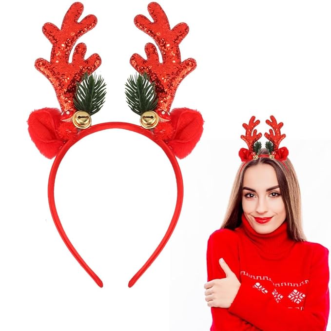 TODDER Red Christmas Headband, Reindeer Antlers Ears Headband for Adults and Kids, Christmas Hair Accessories Deer Antlers Costumes for Themed Parties and Cosplay
