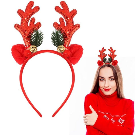 TODDER Red Christmas Headband, Reindeer Antlers Ears Headband for Adults and Kids, Christmas Hair Accessories Deer Antlers Costumes for Themed Parties and Cosplay