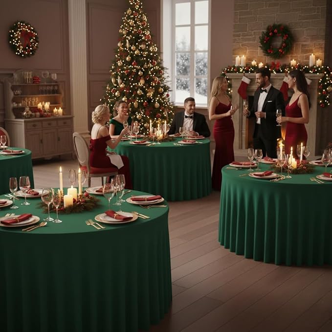 HolidayIdeas 6 Pack Hunter Green Spandex Table Skirts for 60 Inch Round Tables, Fitted Covers for Christmas Receptions