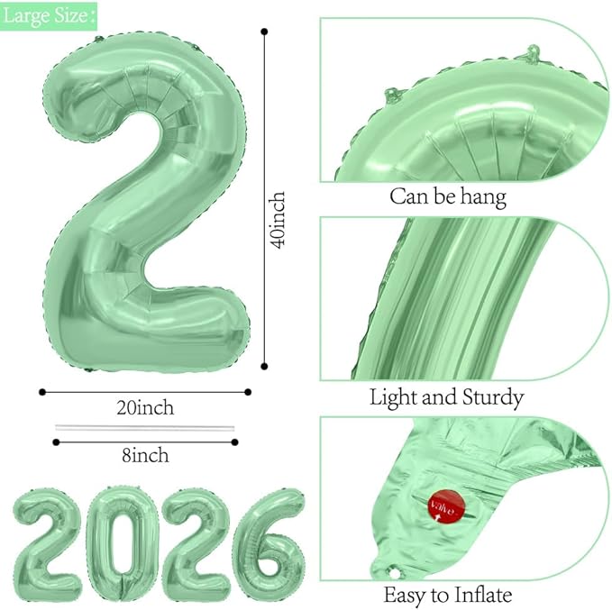 2026 Balloons, 40 Inch 2026 Number Balloons Olive Green 2026 Balloon Large Foil New Year Balloon Numbers 2026 Mylar Baloons for Birthday Christmas Graduation New Years Eve Party Supplies Decorations