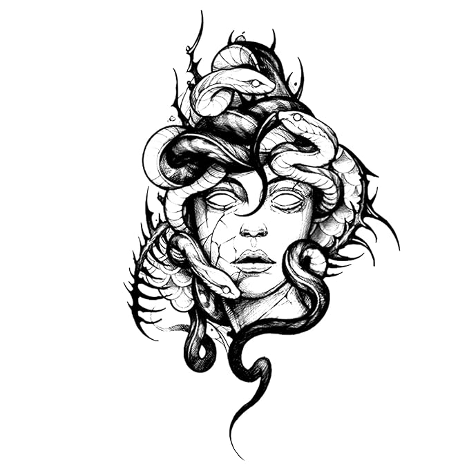 INKARTLINK Tattoo Tech, 2 Sheets Extra Large Semi Permanent Tattoo, Adult Art Design Temporary Tattoos, Lasts 1-2 Weeks, Waterproof, Realistic Look, No Adhesive, No Reflection (Medusa)