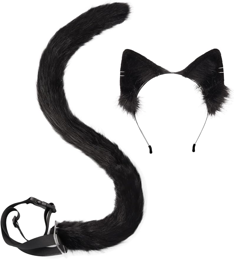 QinRuan Animal Cosplay Costume Accessories Furry Faux Fur Cat Ears Headband and Fox Tail Set Halloween Accessory