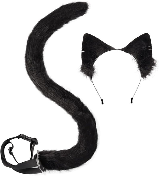 QinRuan Animal Cosplay Costume Accessories Furry Faux Fur Cat Ears Headband and Fox Tail Set Halloween Accessory