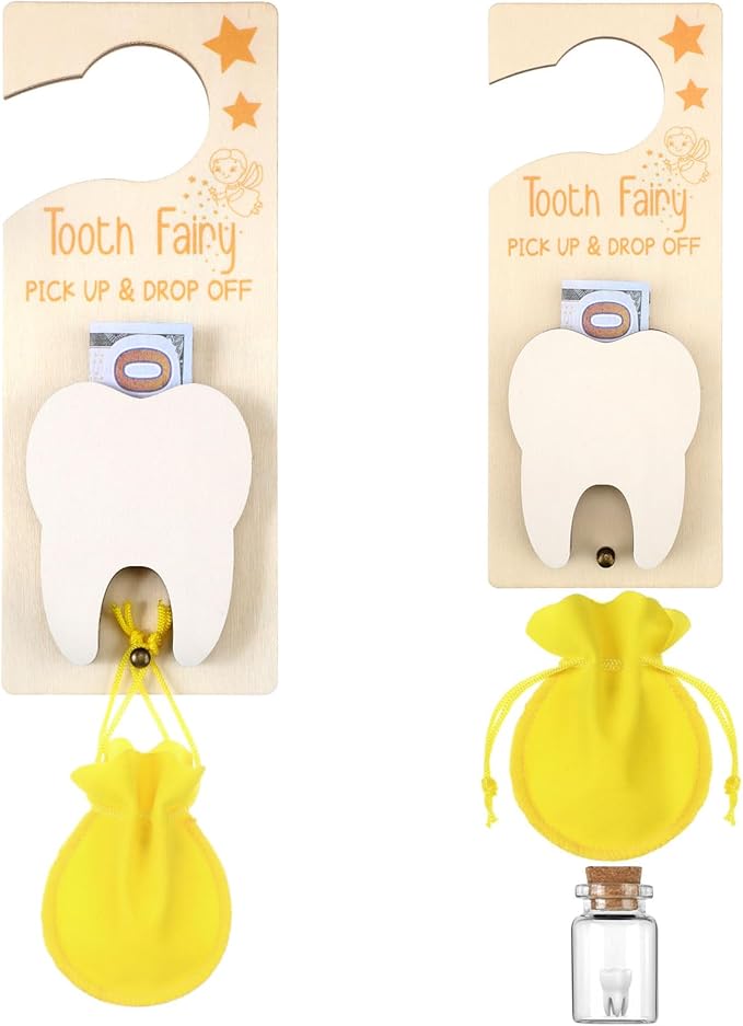 Tooth Fairy Holder Bag Hanger with Money Slot Keepsake Bottle Velvet Pouch Tooth Fairy Box Encourage Gift for Lost Teeth Boy Girl Milk(Classic,Yellow)