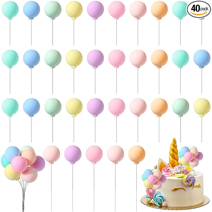 Sieral 40 Pcs Mini Balloon Cake Toppers Colorful Rainbow Cake Topper Round Clay Balls Cupcake Toppers for Birthday Baby Shower Wedding Party Decorations(Pastel Color)
