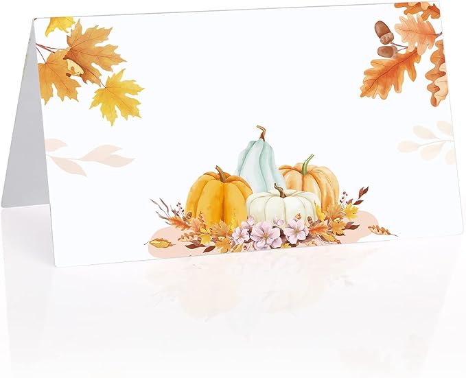 100 Pcs Thanksgiving Place Card Fall Table Place Card Pumpkin Place Card Guest Seating Tent Card Folded Name Card for Thanksgiving Bridal Shower Birthday Harvest Party Supplies, 3.5 x 3.9 Inch