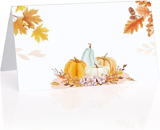 100 Pcs Thanksgiving Place Card Fall Table Place Card Pumpkin Place Card Guest Seating Tent Card Folded Name Card for Thanksgiving Bridal Shower Birthday Harvest Party Supplies, 3.5 x 3.9 Inch