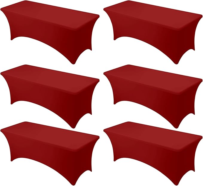 6-Pack Premium Red Spandex Tablecloths for 8ft Rectangle Tables, Stain & Wrinkle-Resistant, Washable Stretch Polyester Fitted Table Cover for Weddings, Banquets, Trade Shows Events