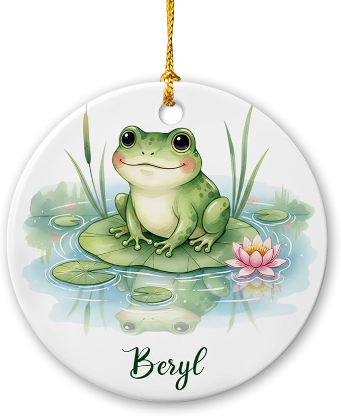 Funny Frog Christmas Holiday Ornament, Frog Ceramic Ornament with Personalized Name, Gift for Dad Mom Friends Coworkers Nature Lover, Frogs with Nature Keepsake Decor, Customized Animal Ornaments