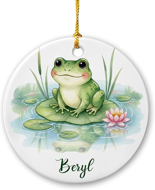 Funny Frog Christmas Holiday Ornament, Frog Ceramic Ornament with Personalized Name, Gift for Dad Mom Friends Coworkers Nature Lover, Frogs with Nature Keepsake Decor, Customized Animal Ornaments