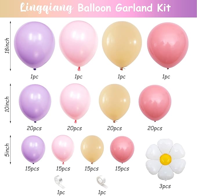 149Pcs Daisy Balloon Garland Arch Kit, Pastel Pink Purple Orange Matte Dusty Pink Boho Groovy Daisy Flower Latex Balloon Garland for Girls Women Bridal Baby Shower Wedding Birthday Party Decorations